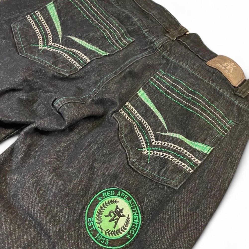 Vintage Red Ape Y2K Baggy Jeans Black Denim Green Contrast Stitching Size 34 - Picture 3 of 4